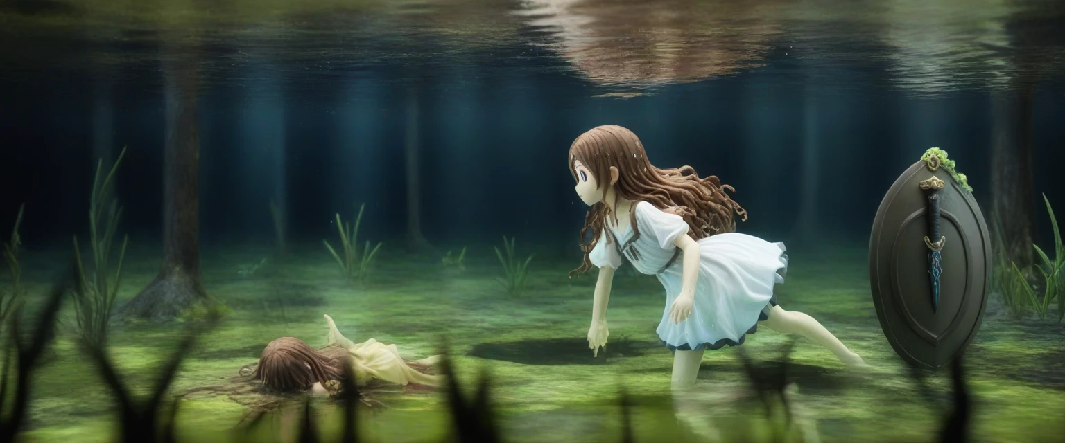 score_9, score_8_wonderful, score_7_wonderful, score_6_wonderful, sauce_anime, partially underwater, 
One Girl, Long Hair, Brown Hair, Wet Hair,
White Dress, Swamp,
Dark Background, Blurred Edges,8-year-old、Adventurer、Flat Chest、Pitch-dark underground labyrinth、No light、skirt、Equipped with a dagger and a shield、水面よりwonderfulの顔、Corpse in water, Underwater Photography、浮力でskirt捲れる