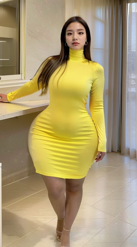 (masutepiece,High quality:1.3),(depth of fields:1.3) ,((front body:1.35)),  Japanese ,woman, natural makeup,standard height, (yellow Long Sleeve Round neck T-shirt Maxi Tight Dress:1.2), (huge breasts:1.5), thicc, curvy,(Looking at Viewer:1.3),(full body:1.2),Inside the office by the window, thick thick 