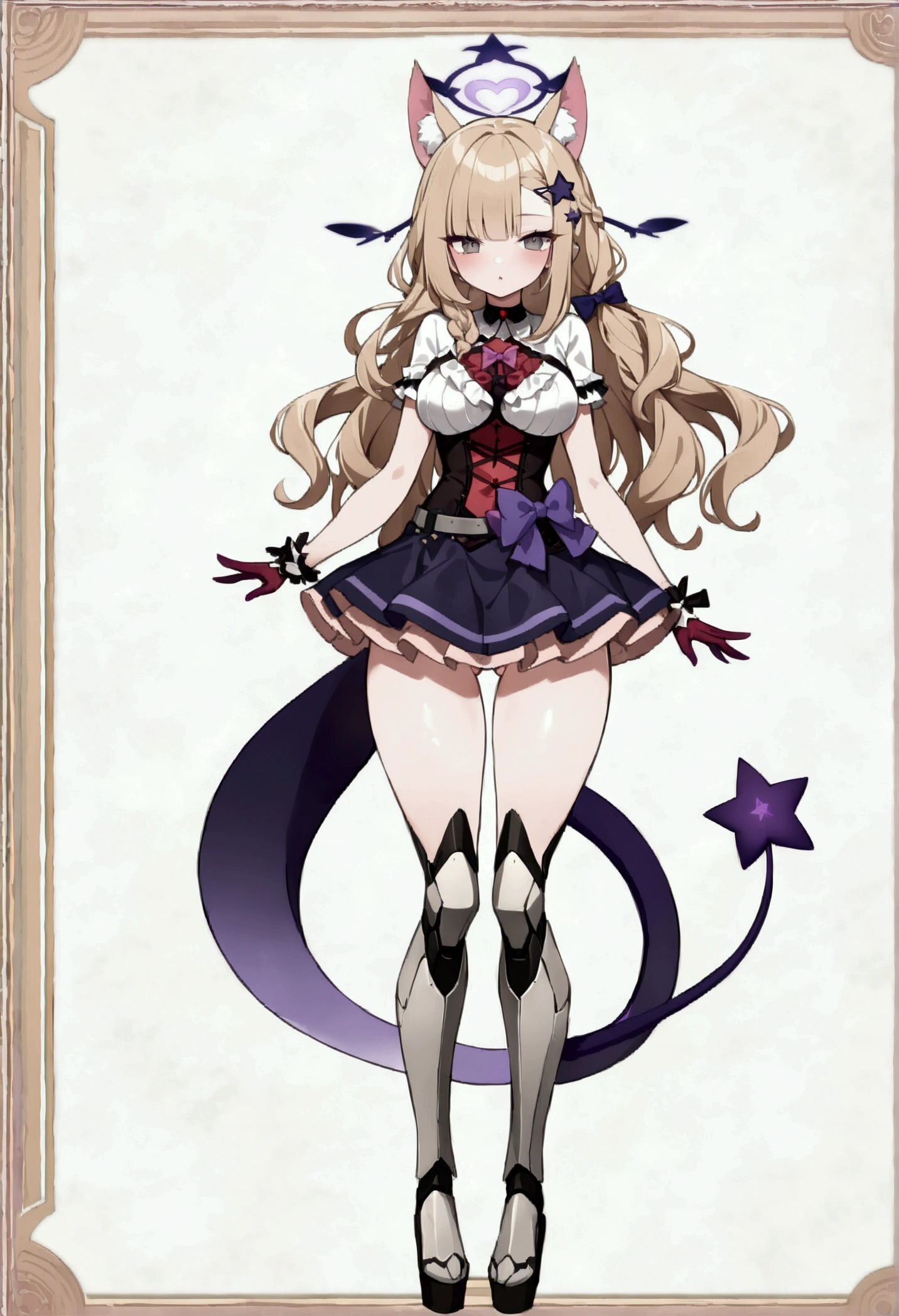 woman 170 cm tall, medium chest, wide hip, slim build, charming look, ((whole body)), (((character design sheet: front view))), (dark blonde hair, ((hip length wavy hair, asymmetrical bangs, star hairpin)), (She has a short braid tied with an elegant purple ribbon on the left side of her hair above her chest), (She has a short braid tied with an elegant purple ribbon on the right side of her hair above her chest), She has small hair bows in the back of her hair), ((Gray eyes with a pink 4-pointed star in the pupil)), (Two black and purple fox ears located on the top of the head), (Luminous black horizontal halo with purple star patterns above head), He has a black collar with a heart emblem on his neck., (Elegant long one piece dress, Thigh-length lace and ruffle skirt, large bow at the back of the hip, ribbon decorations and star patterns on the dress), black ruffled gloves, Black platform heels, gray belt at the waist with a large ribbon with a luminous pink heart in the middle, ((He has a succubus tail that ends in the shape of a purple heart)), (((It has complex mechanical legs that reach up to the thighs and are black with small purple and red details.))), extremely detailed beautiful hair, beautiful detailed dress, extremely detailed arms, extremely detailed face, Extremely detailed hands, small face, Beautiful detailed eyes, beautiful detailed lips, adorable, extremely detailed legs, (Best Quality, 4k, high resolution), ultra detailed, Exquisite and epic character art, ((White background)), (Focus on symmetry).