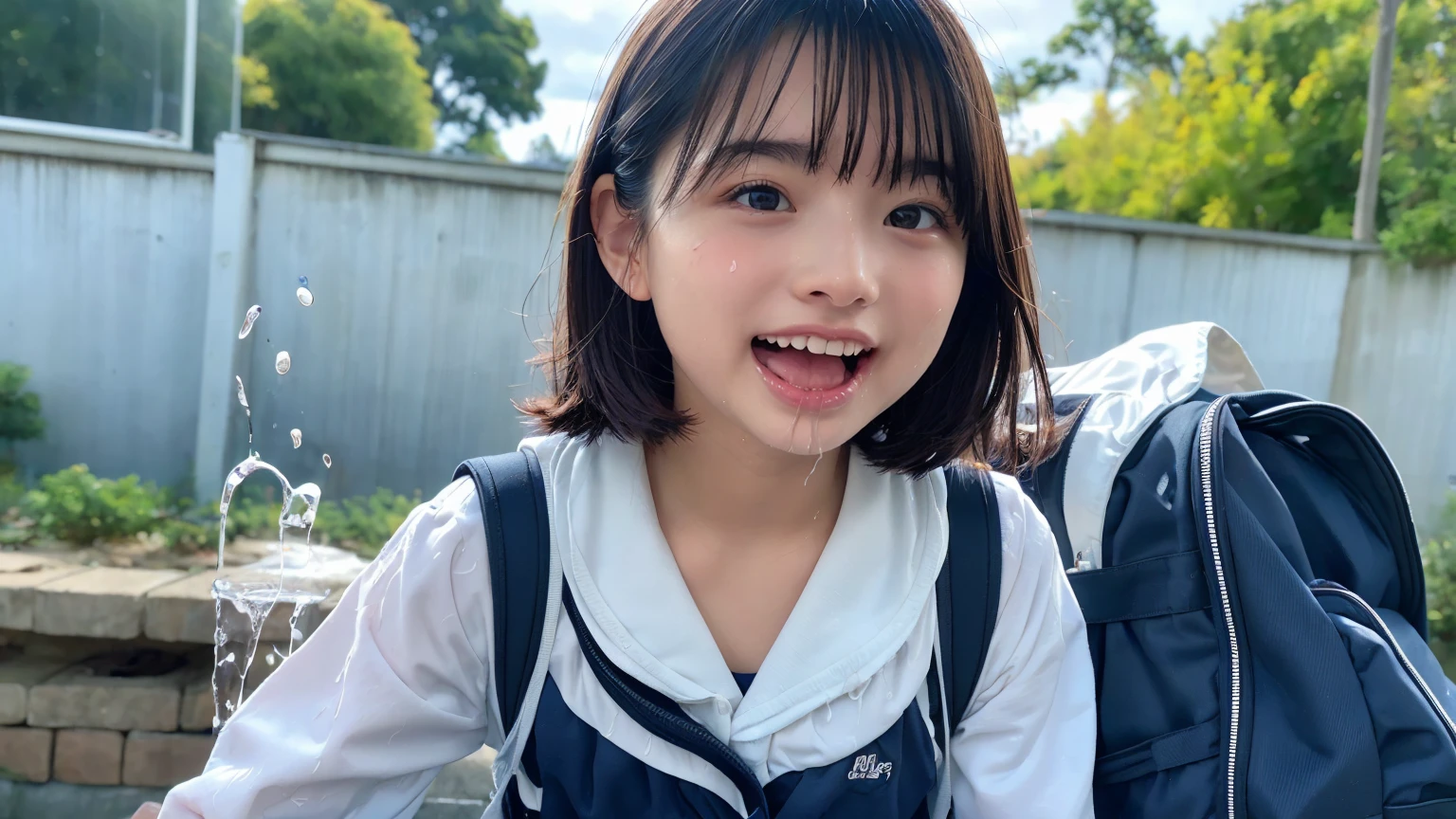 Magazine Cover:1.3、Japanese,10 years old,Innocent face,Teenage Girl,cute,Primary school students,Private elementary school,uniform,Carrying a small red backpack,Summer clothes,Sitting、front、Cute smile、Laugh with your mouth wide open、((Semen dripping from the mouth:1.2))、Mouth full of semen:1.5、A lot of semen on the tongue、((Cloudy, thick semen))、whole body、Full Body、Semen dripping from the genitals、You can see the nipples、Not wearing a bra