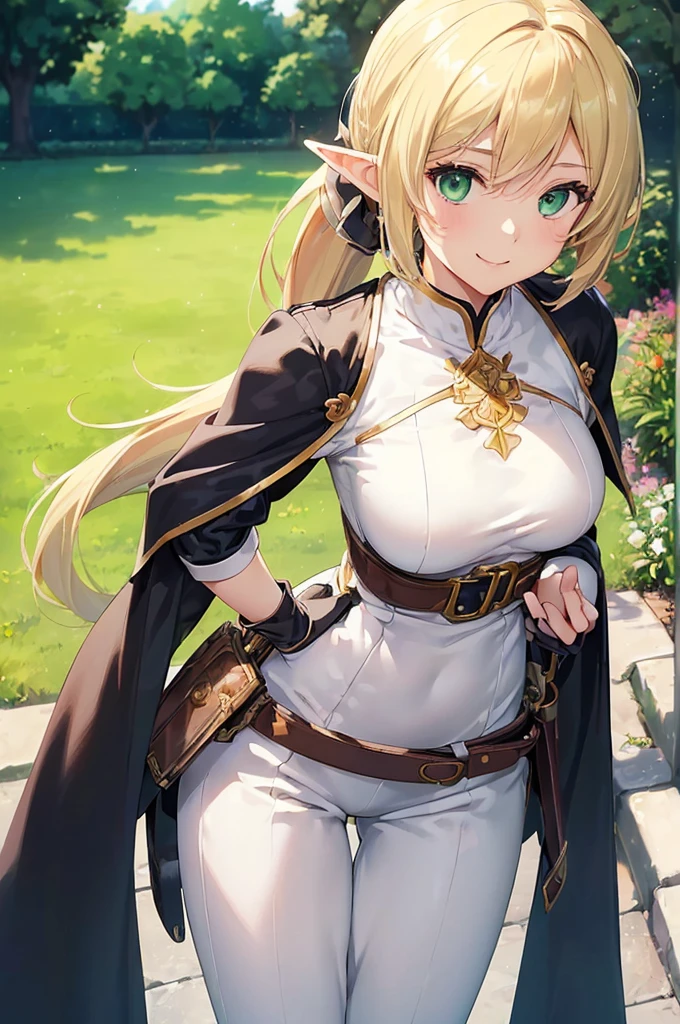 (((masterpiece; best quality: 1.2))), (finely detailed eyes: 1.3), (25 year old elf woman), (solo), (green eyes: 1.4), (body; buxom, fit, femenine: 1.3), (silky blonde hair in low ponytail: 1.3), (beautiful and clear background: 1.2), ((depth of field)), (equipment: adventurer attire + modest + long white tunic-coat + black cape + black pants + gloves + belt + pouches: 1.3), (anime illustration: 1.2), (background composition; royal garden: 1.1), (extremely fine and beautiful: 1.1), (shot composition; standing + centered on torso + close-up: 1.5), (expression; calm, smile: 1.2)