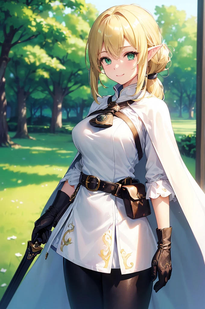 (((masterpiece; best quality: 1.2))), (finely detailed eyes: 1.3), (25 year old elf woman), (solo), (green eyes: 1.4), (body; buxom, fit, femenine: 1.3), (silky blonde hair in low ponytail: 1.3), (beautiful and clear background: 1.2), ((depth of field)), (equipment: adventurer attire + modest + long white tunic-coat + black cape + black pants + gloves + belt + pouches: 1.3), (anime illustration: 1.2), (background composition; royal garden: 1.1), (extremely fine and beautiful: 1.1), (shot composition; standing + centered on torso + close-up: 1.5), (expression; calm, smile: 1.2)