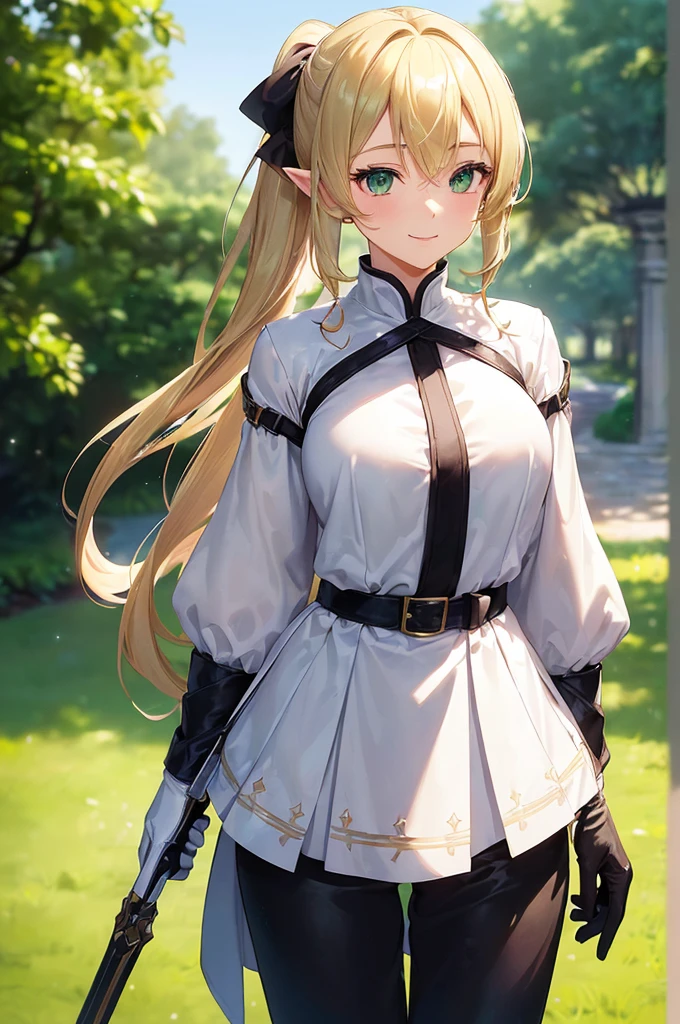(((masterpiece; best quality: 1.2))), (finely detailed eyes: 1.3), (25 year old elf woman), (solo), (green eyes: 1.4), (body; buxom, fit, femenine: 1.3), (silky blonde hair in low ponytail: 1.3), (beautiful and clear background: 1.2), ((depth of field)), (equipment: adventurer attire + modest + long white tunic-coat + black cape + black pants + gloves + belt + pouches: 1.3), (anime illustration: 1.2), (background composition; royal garden: 1.1), (extremely fine and beautiful: 1.1), (shot composition; standing + centered on torso + close-up: 1.5), (expression; calm, smile: 1.2)