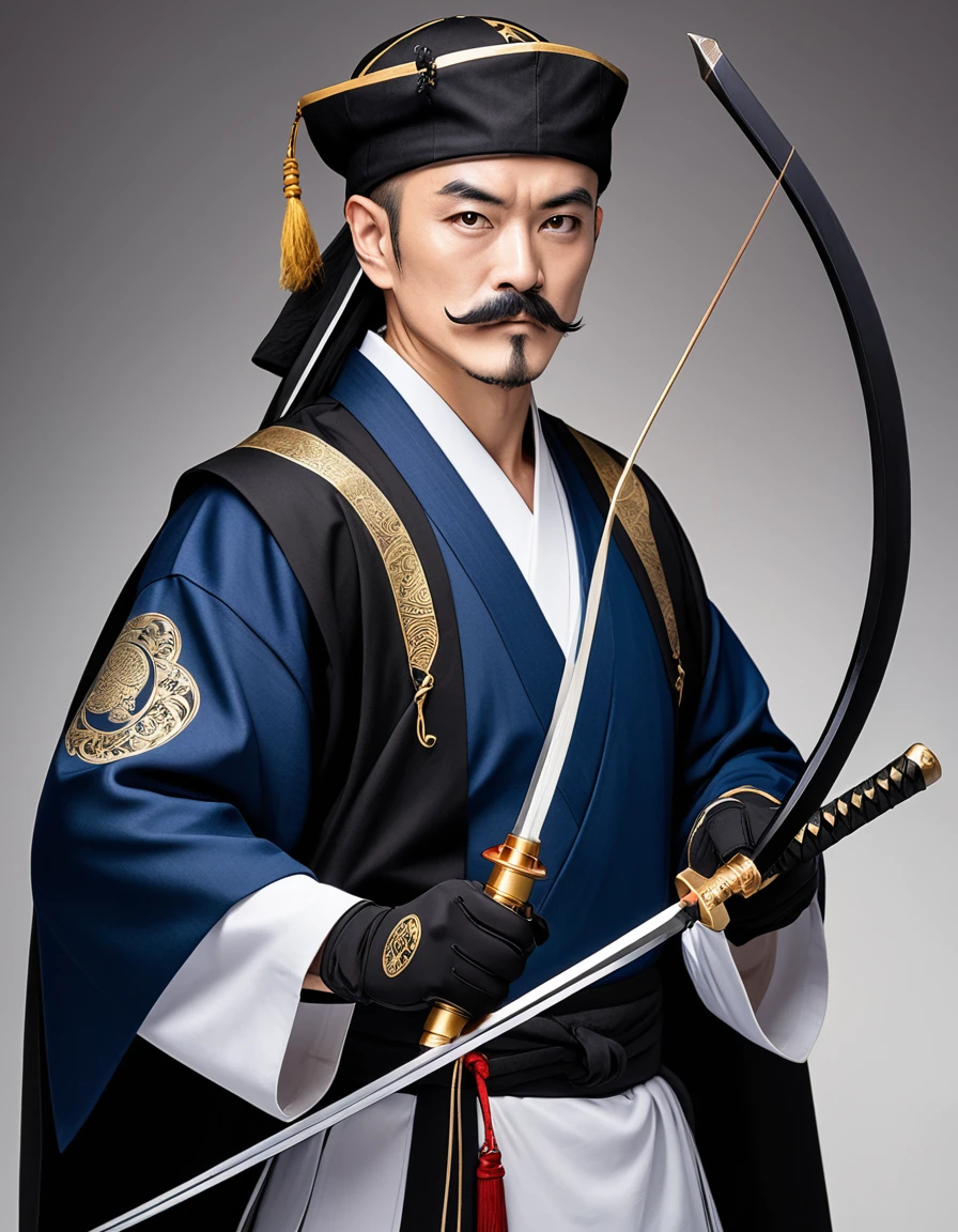 Full-length portrait, 1,68, thin mustache, kung fu master style, black eyes, blue and white kimono, black cape with cap, black sword with gold accents on right side, Japanese longbow on back, cold iron Qatar style gloves on hands.