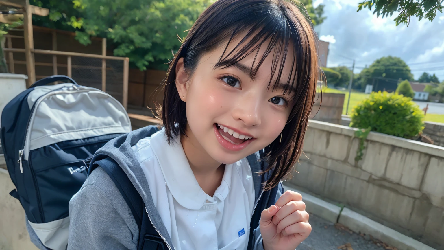 (２Split Photo:1.3)、Magazine Cover:1.3、Japanese,,Innocent face,Teenage Girle,Primary school students,Private elementary school,uniform,Carrying a small red backpack,Summer clothes,Sitting、front、Cute smile、Laugh with your mouth wide open、((Semen dripping from the mouth:1.2))、Mouth full of semen:1.5、A lot of semen on the tongue、((Cloudy, thick semen))、whole body、Full Body、Semen dripping from the genitals、You can see the nipples、Not wearing a bra