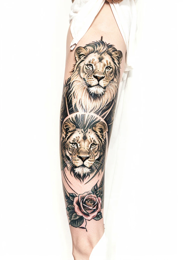 A tattoo with a regloc and a lion with an eye of a person and with roses