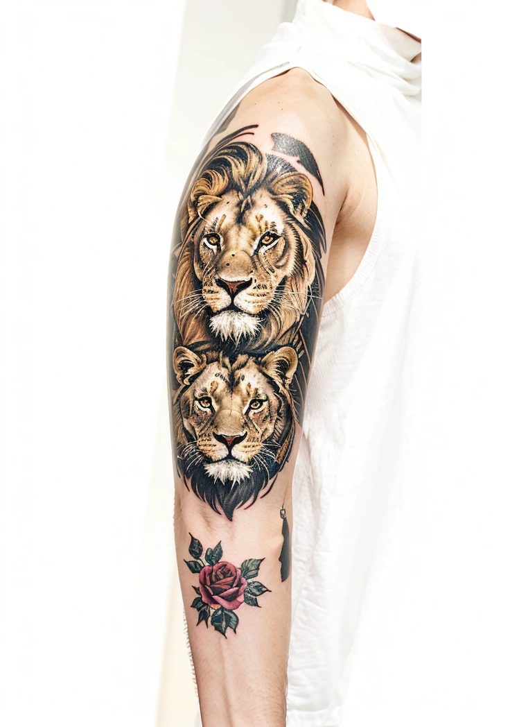 A tattoo with a regloc and a lion with an eye of a person and with roses