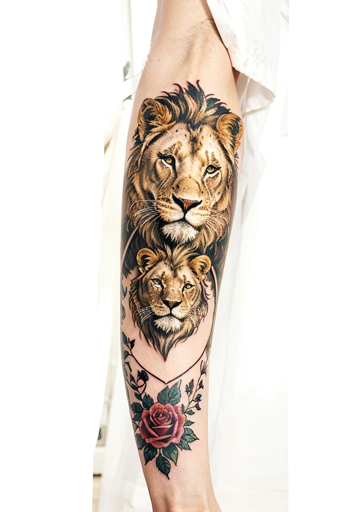 A tattoo with a regloc and a lion with an eye of a person and with roses