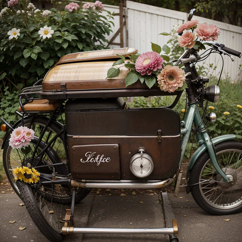 A lot of many color flower on a mini vintage bike, with a mini coffee bike same