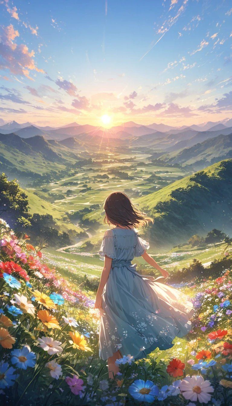 "Illustrate a serene, peaceful nature scene in summer with vivid, beautiful colors in photorealistic 8K quality. Show an 18-year-old anime girl standing on a lush mountain, reaching towards the endless blue sky, facing away from the screen. Below her, green meadows bloom with colorful flowers, while distant peaks bask in the summer sun, inspiring peace, awe, and tranquility. Ensure the image is a masterpiece with intricate details and stunning visual quality."