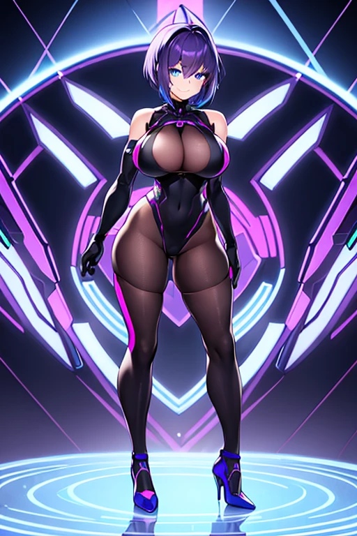 1girl, blue eyes, purple hair, very short hair, large breasts, hourglass figure, smile, bodysuit, black bodysuit, neon, neon trim, machinery, tech, science-fiction, futuristic, standing, full body, ((full body)), pantyhose, high heels