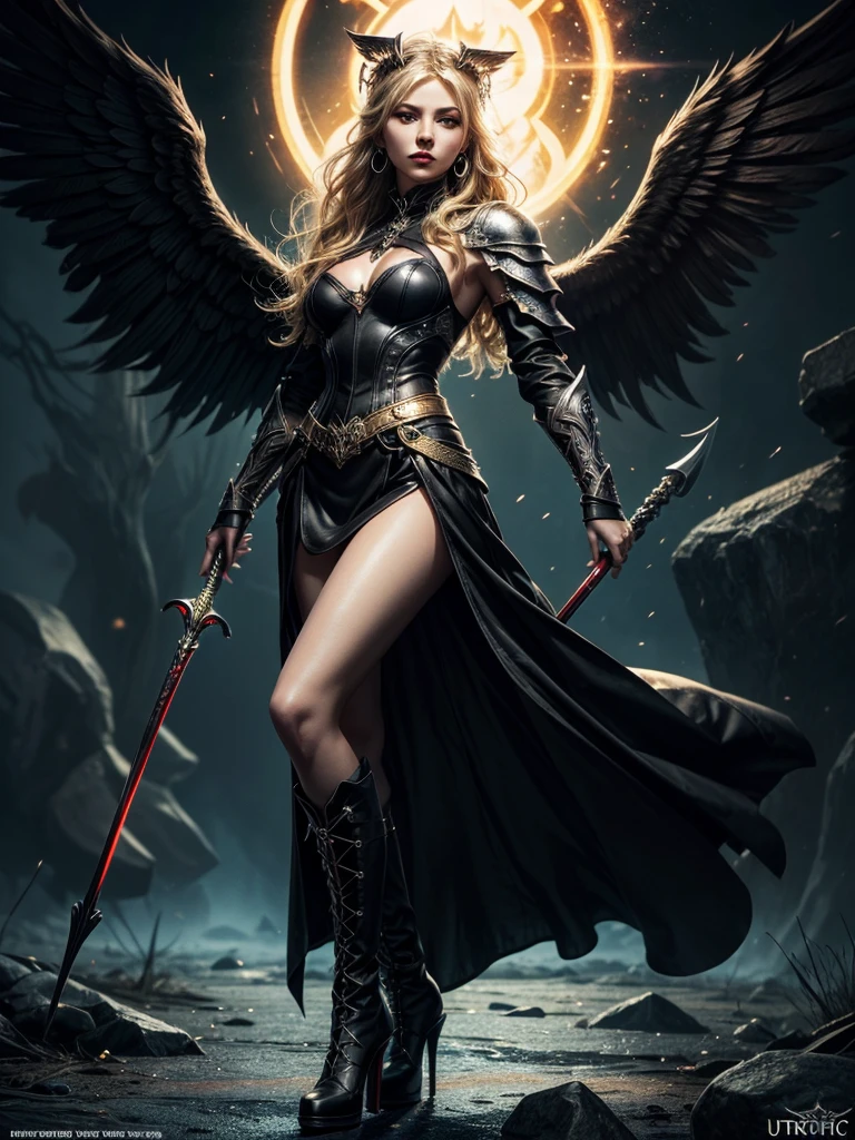 In the middle of the burning battlefield filled with broken swords and dead sodiers stand beatiful female fallen angel with black wings , she have beautiful face her eyes is golden yellow she have dark red lipstick and black eyeshadows she have piersing ring on her lip and cross shaped earrings on her ears her hair golden blond with black highlights with a blood red halo above her head, she dressed in sexy black leather armor with long skirt and black highheels boots with betal parts she have mystic symbols tattoo on her shouders, in her hand she holding long spear, (ultra high quality fantasy art, ghothic dark fantasy style, masterpiece, ultra high quality character design, 8k quality anime art, realistic anime art, top quality wallpaper illustration, detailed ultra high quality accurate face, high quality design and accurate physic)