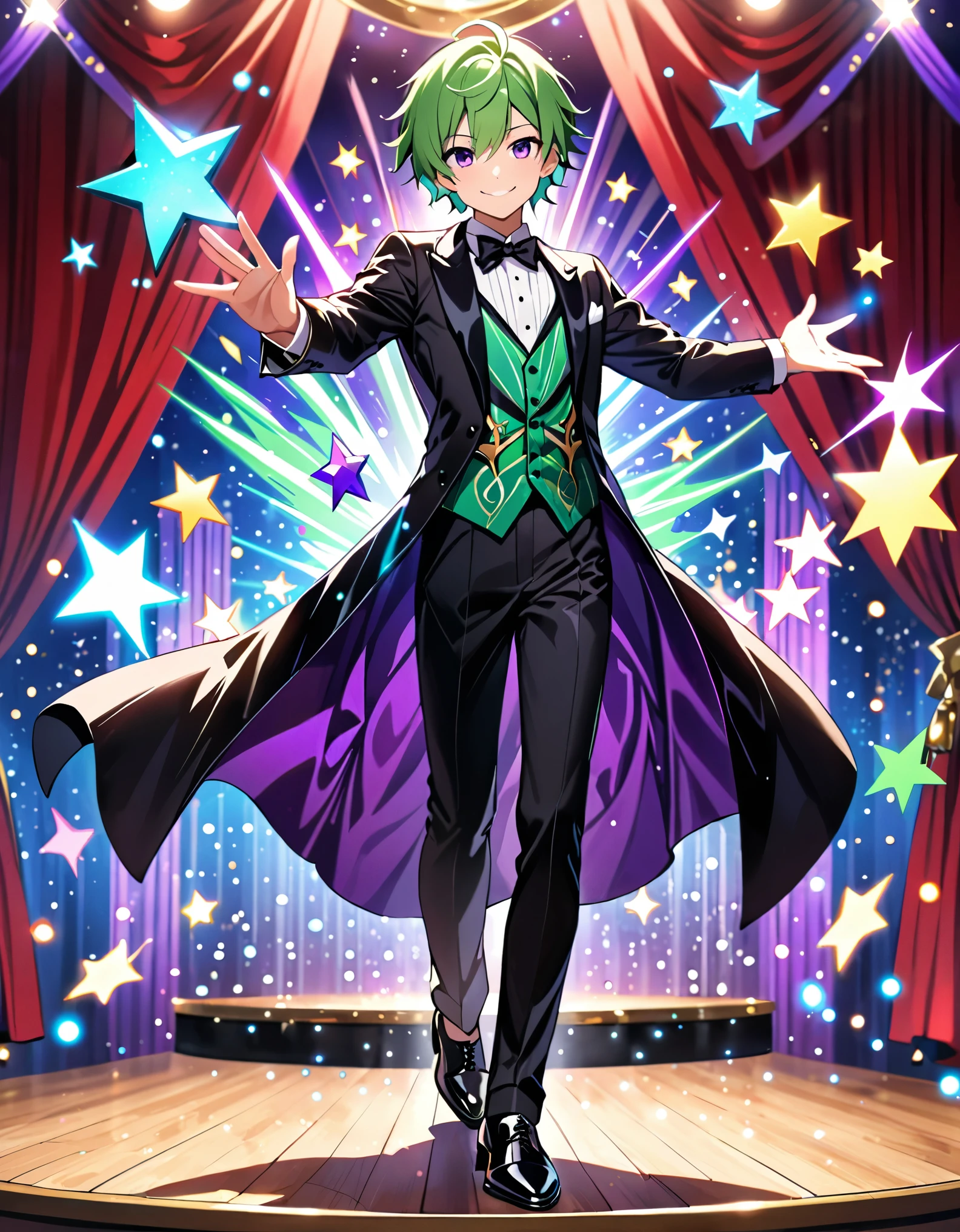 masterpiece, best quality, 1boy, solo, solo focus, cute face, green hair, purple eyes, magician, tuxedo, dress shoes, cool pose, smile, full body, cowboy shot, magic, light particles, magician, looking at viewer, stage backdrop, indoors