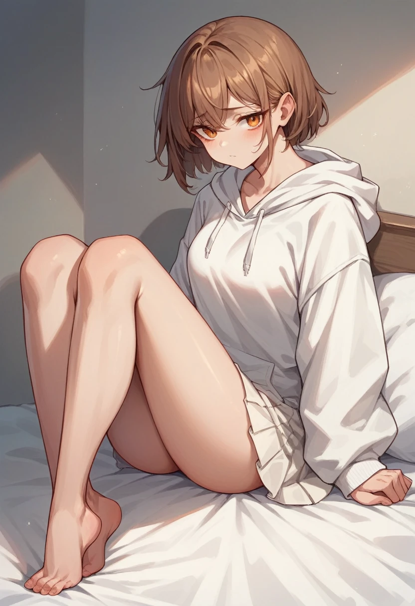 Brown-haired girl Her shoulder-length hair is tied back Wearing a white hoodie and a white skirt Dark orange eyes White skin tall With bangs Beautiful face Thin legs The cleavage is visible sitting on the bed Thin legs Shy Anime Style