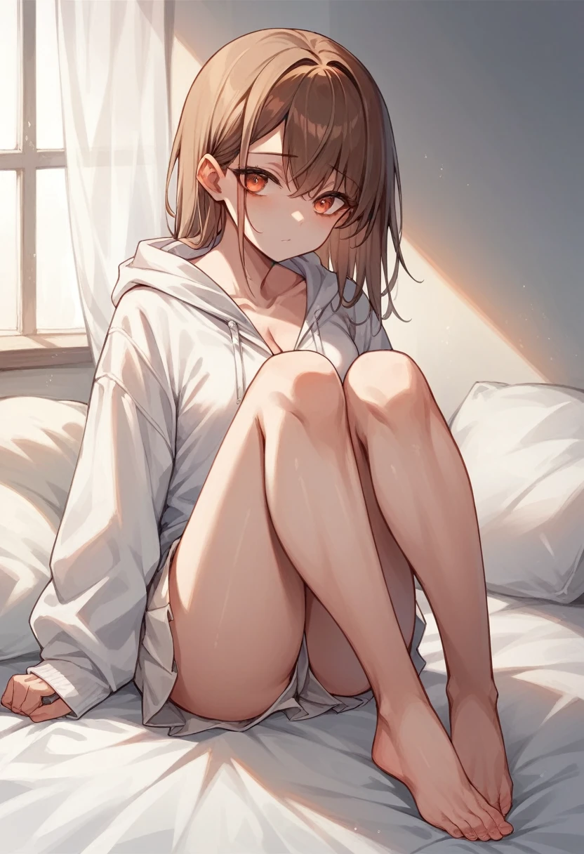 Brown-haired girl Her shoulder-length hair is tied back Wearing a white hoodie and a white skirt Dark orange eyes White skin tall With bangs Beautiful face Thin legs The cleavage is visible sitting on the bed Thin legs Shy Anime Style