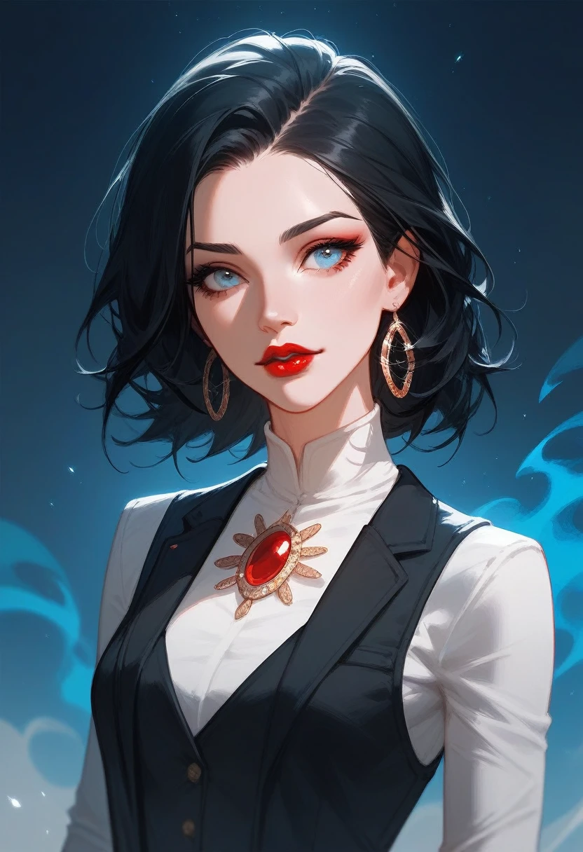 woman，Pure black hair，Draped over the shoulders，Wearing a white shirt，Black vest and dark trousers，Deep and delicate facial features，Thin face，The eyes are light blue，The nose is just right，Red lips are not thin，Bright and elegant appearance，There is a strange sense of sharpness