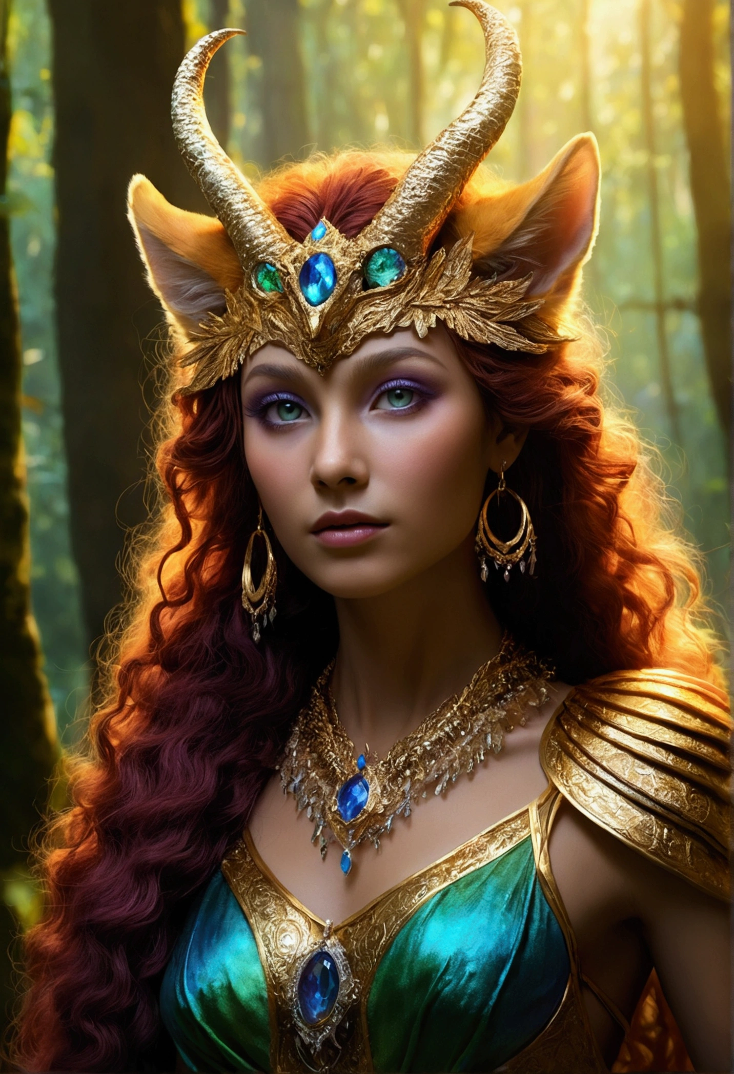 A beautiful, enchantingly elusive humanoid faunus woman, every aspect exudes magic in the midst of danger: shimmering rainbow fur, ethereal golden horn, and eyes that seem to hold the secrets of the universe. The mystical creature is surrounded by a lush, enchanted forest, bathed in the soft light of the setting sun, creating a dreamlike atmosphere that transports viewers to a realm of fantasy and wonder. This breathtaking image is a digital painting that captures the essence of the mythical creature with stunning detail and masterful technique, making it a truly mesmerizing work of art.