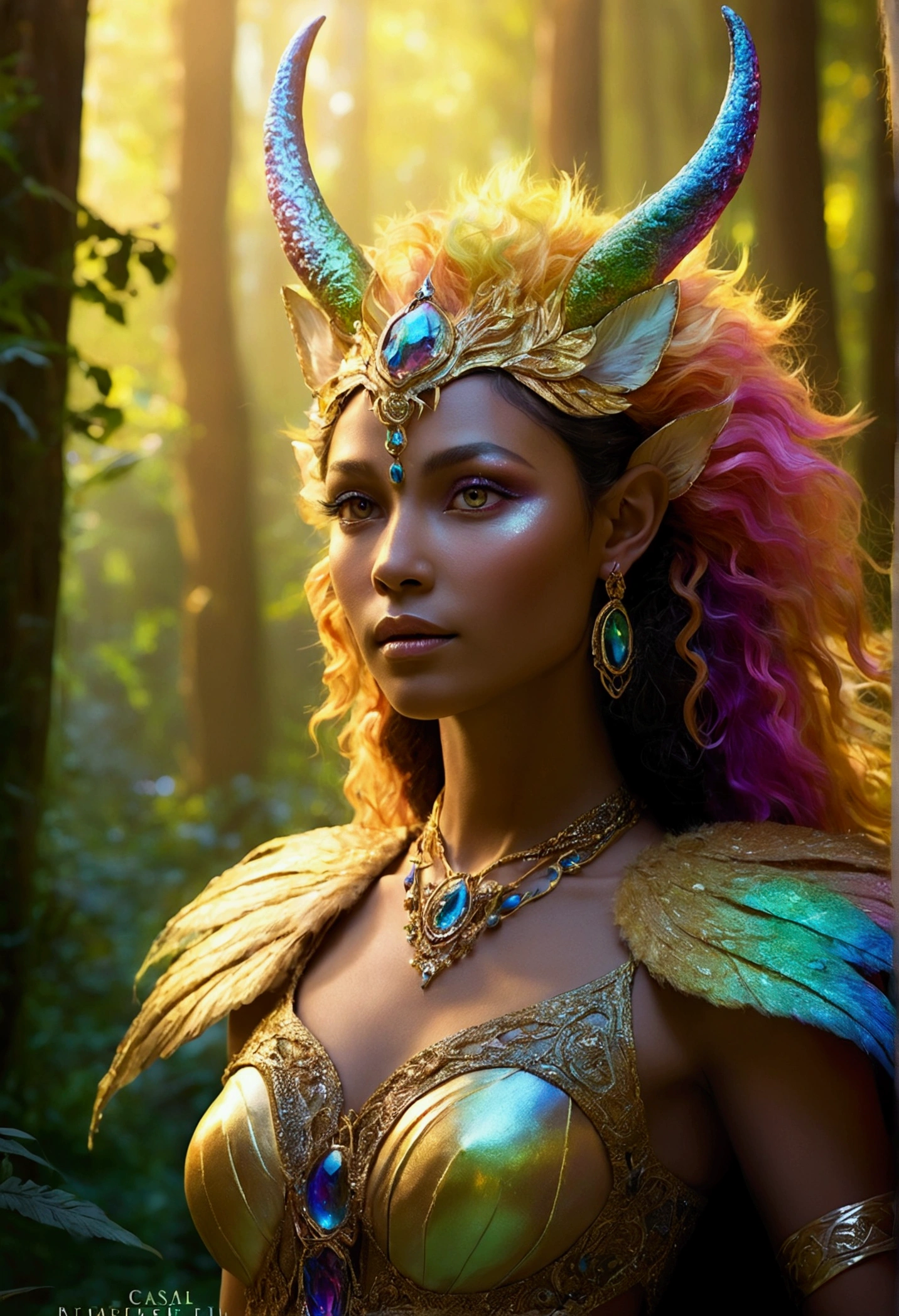A beautiful, enchantingly elusive humanoid faunus woman, every aspect exudes magic in the midst of danger: shimmering rainbow fur, ethereal golden horn, and eyes that seem to hold the secrets of the universe. The mystical creature is surrounded by a lush, enchanted forest, bathed in the soft light of the setting sun, creating a dreamlike atmosphere that transports viewers to a realm of fantasy and wonder. This breathtaking image is a digital painting that captures the essence of the mythical creature with stunning detail and masterful technique, making it a truly mesmerizing work of art.