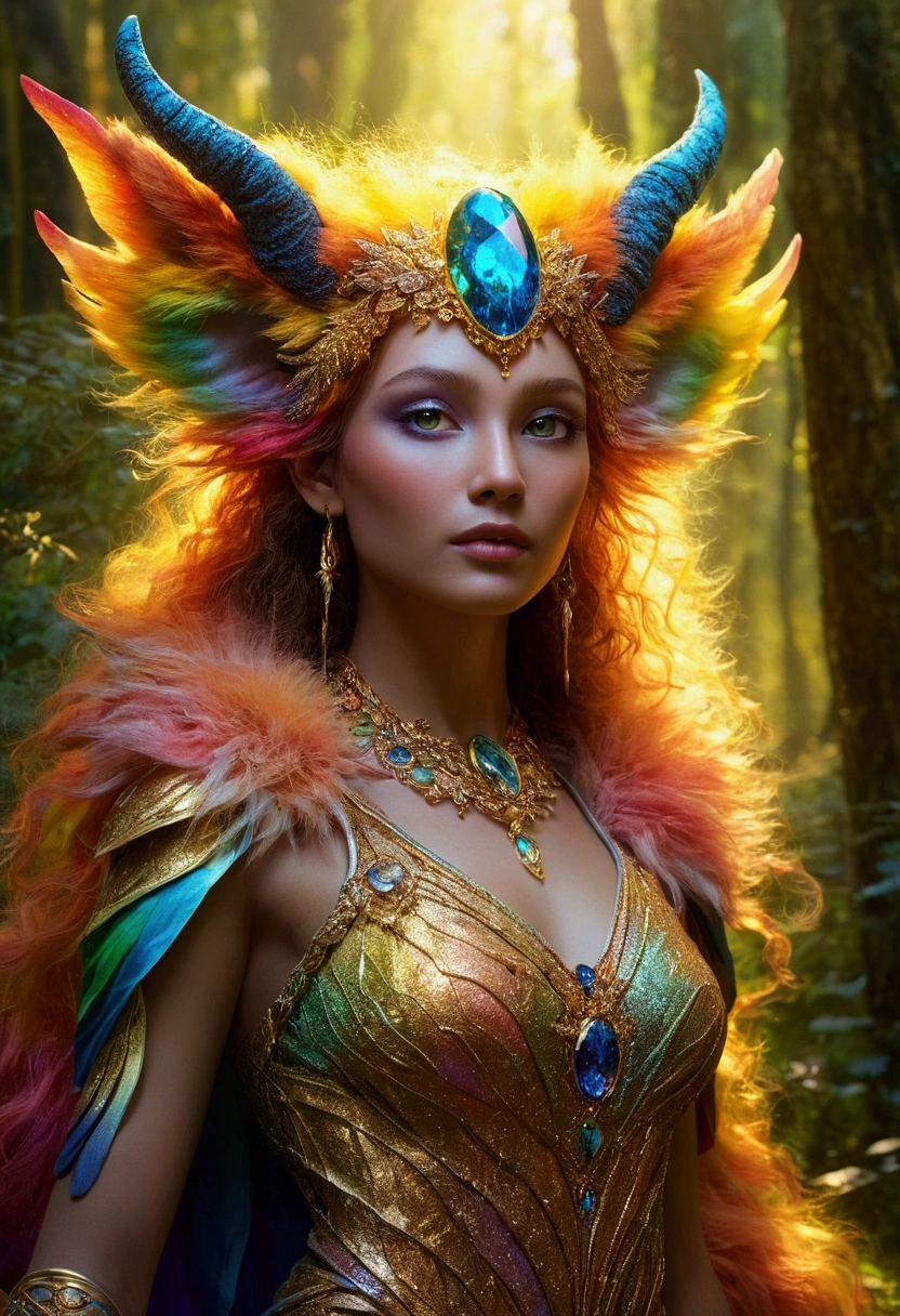A beautiful, enchantingly elusive humanoid faunus woman, every aspect exudes magic in the midst of danger: shimmering rainbow fur, ethereal golden horn, and eyes that seem to hold the secrets of the universe. The mystical creature is surrounded by a lush, enchanted forest, bathed in the soft light of the setting sun, creating a dreamlike atmosphere that transports viewers to a realm of fantasy and wonder. This breathtaking image is a digital painting that captures the essence of the mythical creature with stunning detail and masterful technique, making it a truly mesmerizing work of art.