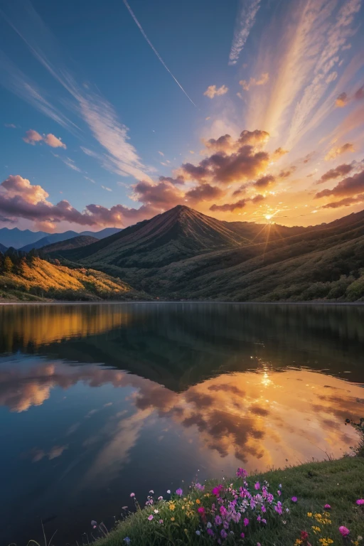 There is a beautiful sunset, the hillside is covered with flowers and plants, the flowers are up close, the colorful sky, the surreal colors, the colorful sunset, the colorful sky, the wonderful reflection of the sky, the incredible sky, 8K fantastic atmosphere, The colorful clouds, The reflection of color in the lake, the surreal sky, the red and blue reflection, the reflection of the fire, the beautiful sky, the beautiful and spectacular twilight, The beautiful dream landscape, the incredible sky