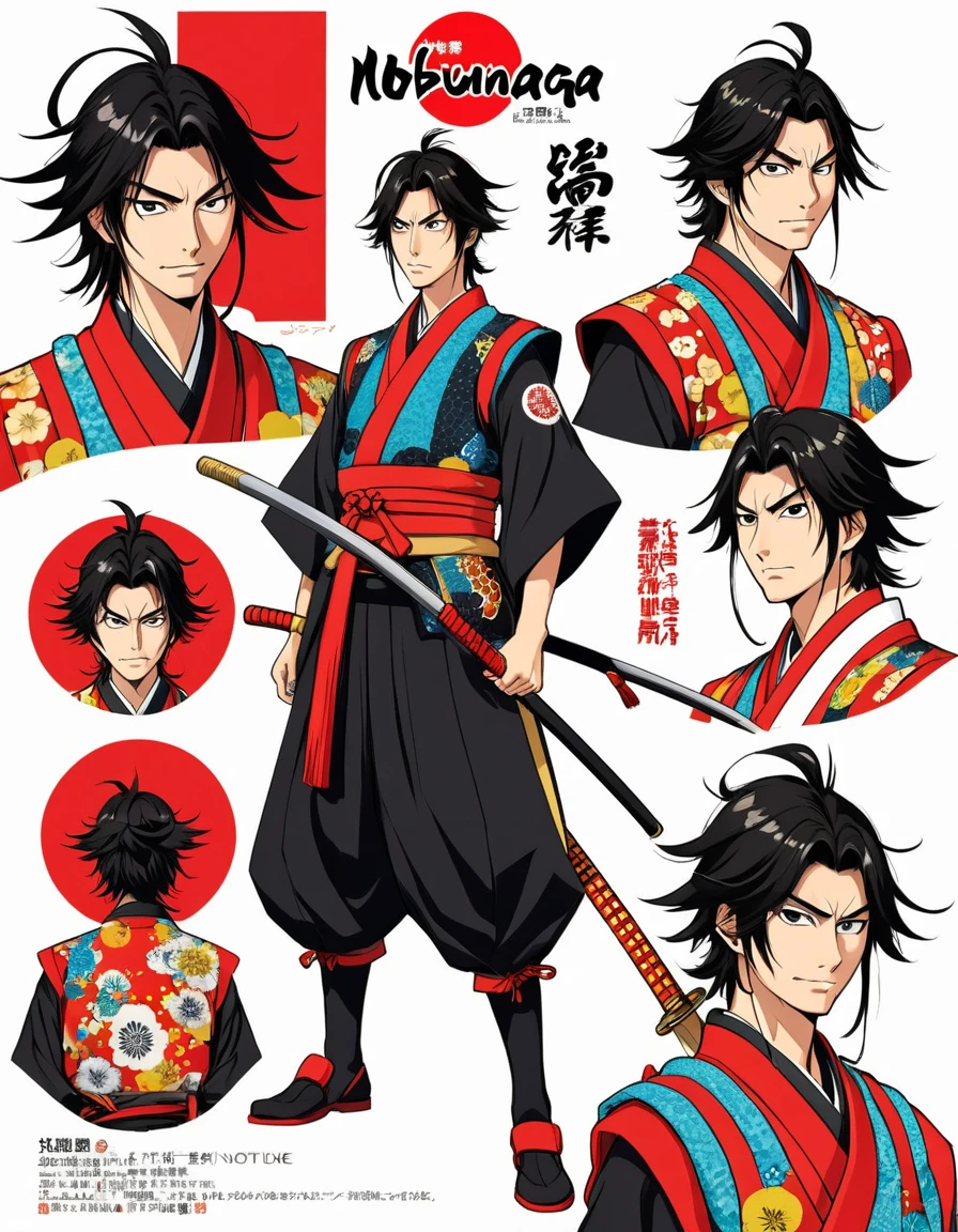 Draw a young Oda Nobunaga in eccentric clothing from the Sengoku period. He should have a playful and rebellious expression, reflecting his nickname "Utsuke-mono" (fool). The attire should be colorful and unconventional.