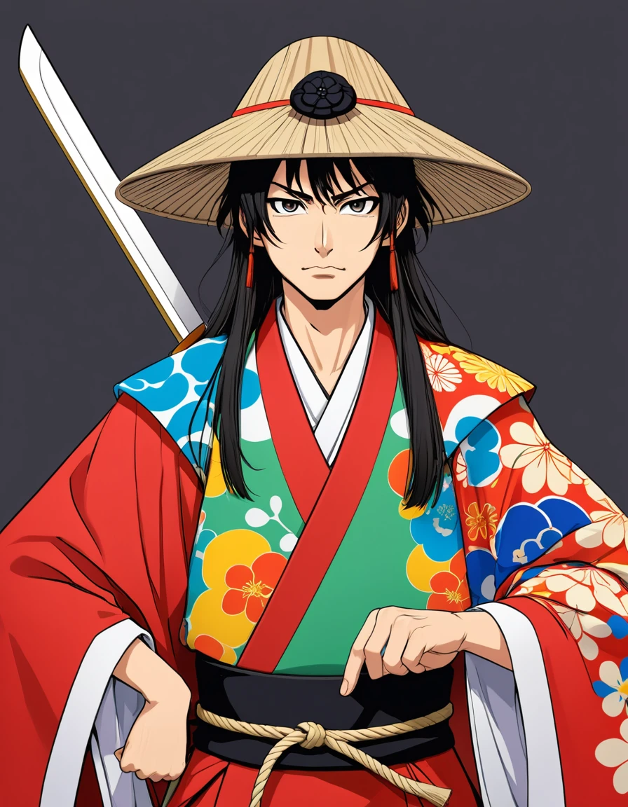 Draw a young Oda Nobunaga in eccentric clothing from the Sengoku period. He should have a playful and rebellious expression, reflecting his nickname "Utsuke-mono" (fool). The attire should be colorful and unconventional.
