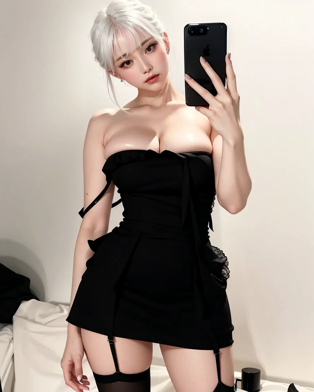 white hair, neckline, wavy hair, big breasts, pale, korean light makeup, thick thighs, feminine delicate hands, cintura de avispa, delicate hands with acrylic nails, bangs, face perfect