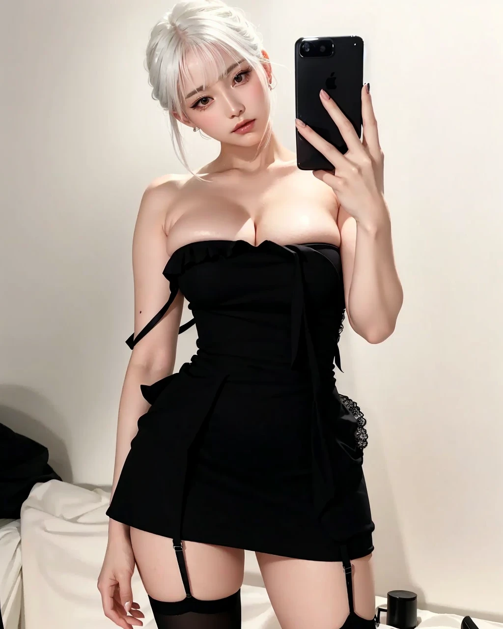 white hair, neckline, wavy hair, big breasts, pale, korean light makeup, thick thighs, feminine delicate hands, cintura de avispa, delicate hands with acrylic nails, bangs, face perfect