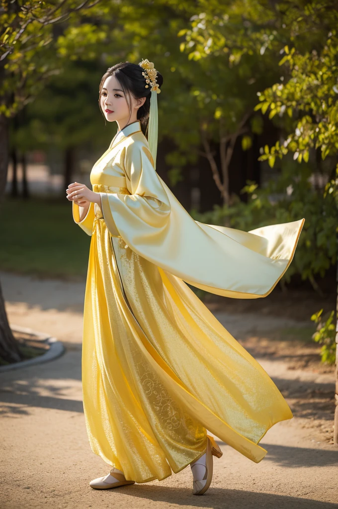 Chinese girl in Hanfu,
Dancer ,
Front view, Full body shot in a beautiful gold and yellow dress, Simple Background,
3D smooth caricature style