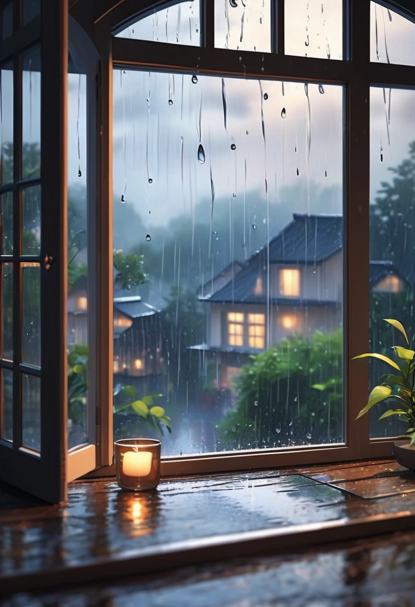 (Highest quality, Realistic, High resolution:1.2),Raindrops falling on the window,Windows with water droplets,Realistic rain,Beautiful window view,Blurry background through the window,Soft natural light,Realistic rain effect,the sound of gentle rain,Water flows down the window,Fresh rain,Cozy indoor atmosphere,Dimly lit room,Calm rainy day,Relaxing atmosphere,Raindrops reflected on the window,the smell of fresh rain,moisture on the window,Calm mood,Rainy cityscape outside the window,Quiet Moments,Water running down glass,Calming Rain Sounds,humidity in the air,pleasant rain,close up of raindrops,Quiet Meditation,Atmosphere on a rainy day,Water running down glass pane,subtle rain pattern,Gentle rainy landscape,Atmosphere during rainy weather,cozy indoor setting,rainy window view,Relaxed Rainstorm,Raindrops make patterns,Drizzle,Relaxing Rain Soundscape