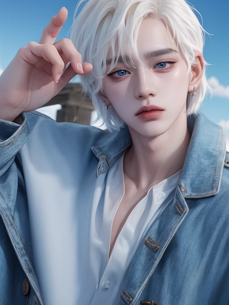1boy, adult, handsome, perfect face, detailed eyes and face, clean shaved, muscular, capturing a rural atmosphere, dynamic lighting, unreal engine 5, hd picture, satoru gojo, white hair, short hair ,hair between eyes ,blue eyes
