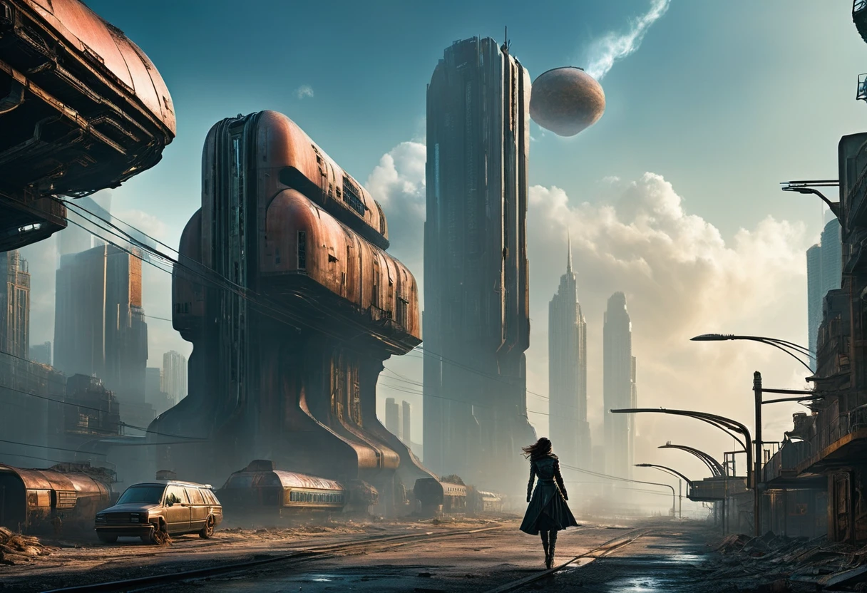 image taken from under the skirt of a giant girl bigger than the buildings, She is walking between the buildings of an abandoned, ultra-futuristic North American megalopolis city, nuclear apocalypse environment, the dystopian city has many metallic buildings and houses in dark colors in ruins on the horizon, paved street, environment from dark blue to black, the city has shades of metal gray, has smoky metal structures, there is a viaduct bridge on wide pillars, ultrafuturistic industrial environment with smoke and fog around, dark cars on the streets, desert megalopolis, There are abandoned rusty modern metal rails and train among the city streets, futuristic and rounded metal tall buildings, many ultramodern buildings around, as realistic as possible, as detailed as possible, Science fiction, there are 2 planets in the sky through the dense atmosphere
