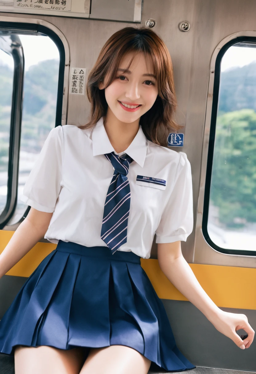 higtres,best quality, masterpiece,nsfw,from below,1girl,blush and smile,teeth,cute face:1.4,school lady at the train,,short sleeve,drak blue skirt,miniskirt,beautiful pussy,
slender,big breasts,lift up the shirt with my hands,shirt lift,pn1 nipples,
(sittineg seat),school bag,spread legs,show pussy,pussy focus,from below,
in japanese train,window background,(look down),