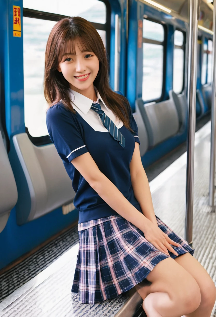 ((Highest quality)), (detailed), 1 Japan, sexy、ass pov, school girl, in a train, sitting on a seat, (long seat:1.5), Beautiful Skin, Symmetrical eyes, navy pleated skirt, lift skirt, (exposured panties:1.3), blush, (smile:0.8), embarrassed, realistic