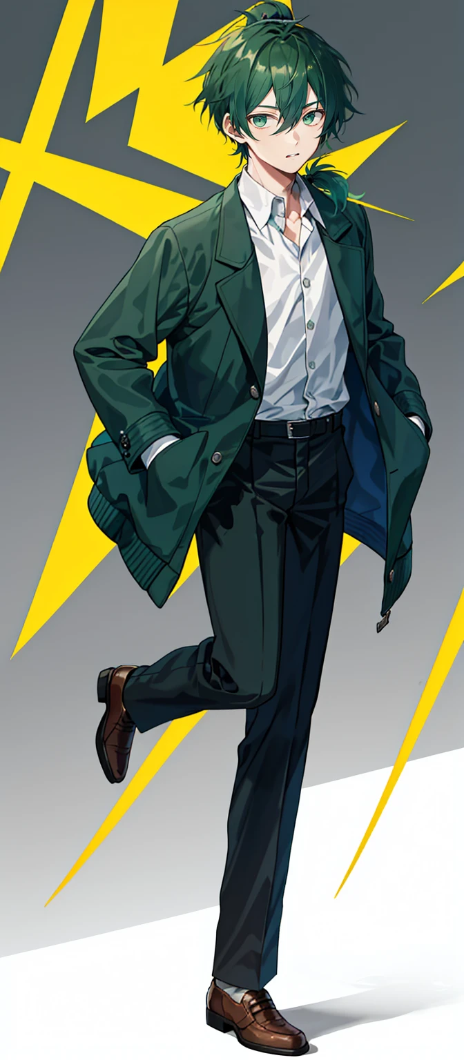 1 boy, 27 years old, full body, hair between eyes, dark green hair, low short ponytail, collared shirt, slacks, jacket,