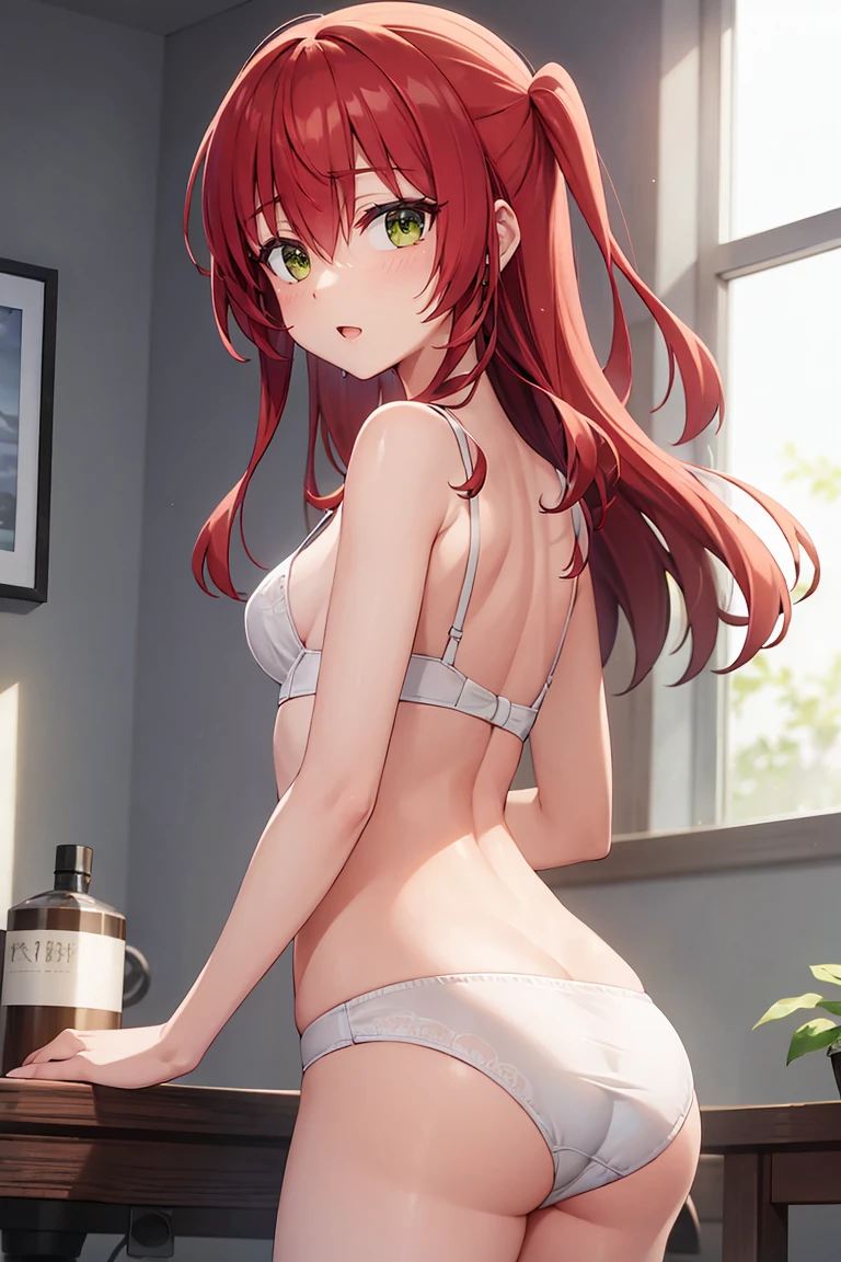 room, 1 Girl, Highest quality, Ultra-high resolution, Long Hair, Redhead, Green Eyes,Looking at the audience, Small  , Shy face、Watery eye, Open your mouth、Cowboy Shot、White bra、White panties:1.3、Western-style room、Backwards、look back
