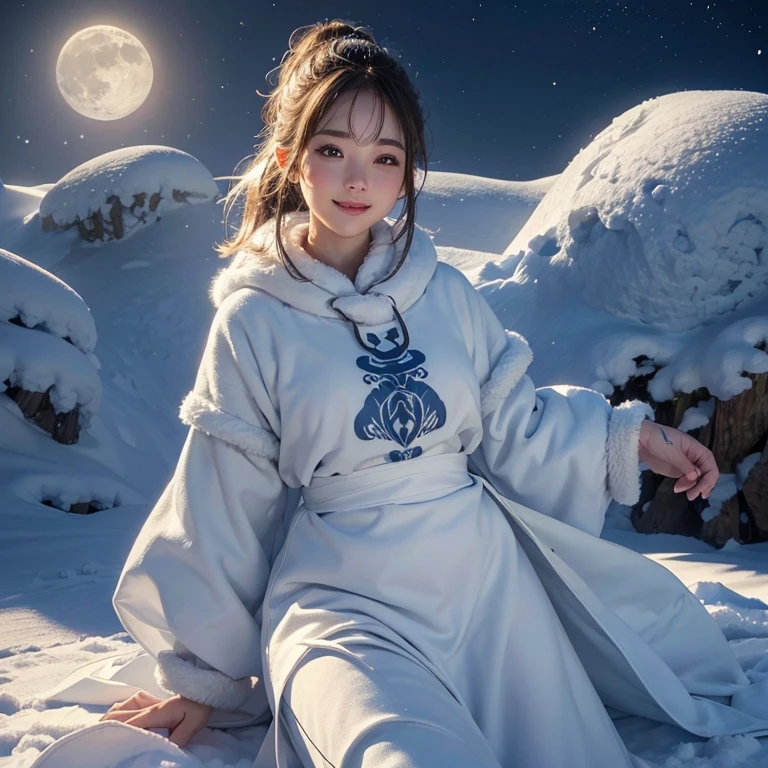 Snow Mountain、 ((Highest quality、masterpiece、8K、Best image quality、Ultra-high resolution、Award-winning works)、(Accurate anatomy:1.1)、(Look at me and smile:1.1)、Shining fair skin with Ultra-high resolution、The most detailed face、Ultra-high resolution detailed face、White short hair blowing 、(Ultra-high resolutionの煌めく瞳:1.1)、Beautiful face drawn in every detail、A moonlit night with heavy snow、Warm Inuit clothing, tattoo, There&#39;A real wolf next to me:1.5
