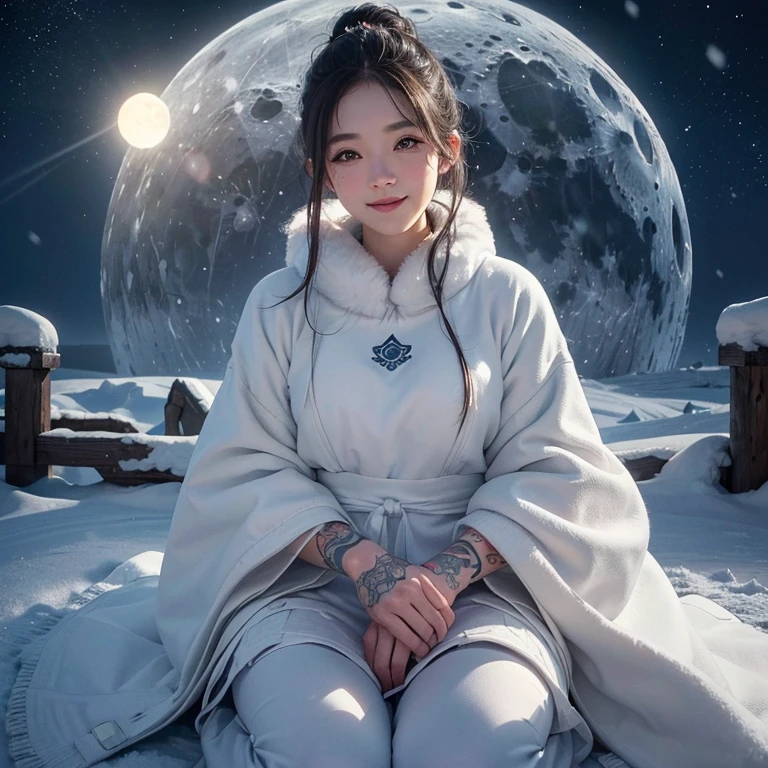 Snow Mountain、 ((Highest quality、masterpiece、8K、Best image quality、Ultra-high resolution、Award-winning works)、(Accurate anatomy:1.1)、(Look at me and smile:1.1)、Shining fair skin with Ultra-high resolution、The most detailed face、Ultra-high resolution detailed face、White short hair blowing 、(Ultra-high resolutionの煌めく瞳:1.1)、Beautiful face drawn in every detail、A moonlit night with heavy snow、Warm Inuit clothing, tattoo, There&#39;A real wolf next to me:1.5
