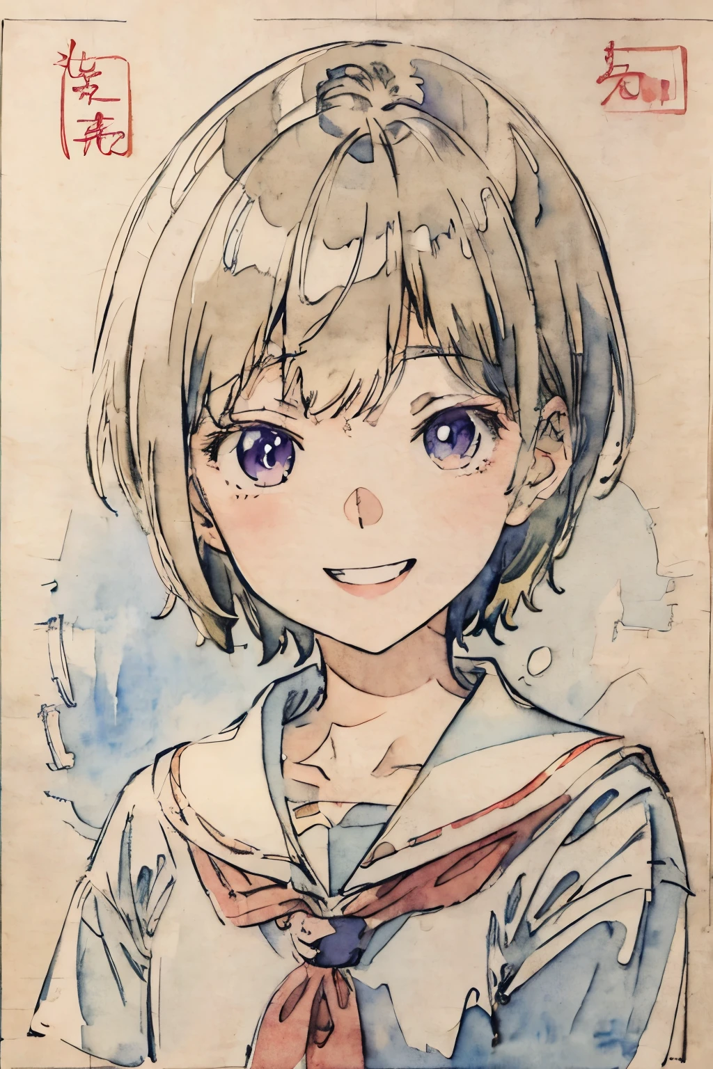 male、School classroom、Watercolor style、pale colour、Hand-drawn style, -yeld st、Laughter、frontage、Upper body、Upper body、