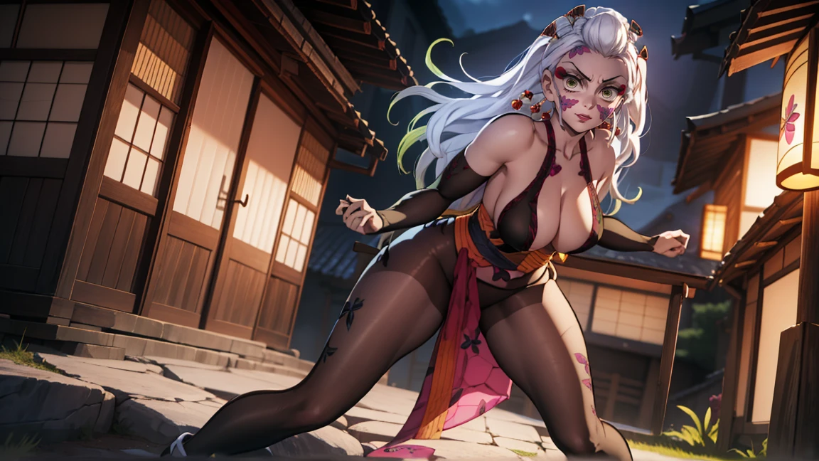 One Demon Girl, looks at the camera, Portrait of a girl, Beautiful waist, night, ancient japan, very sexy,  grin, fangs, mouth open, fighting stance, dynamic pose, fangs, smile, White hair, erotica, very sexy, beautiful body is completely visible, masterpiece, Best quality, full length (Full body 1.1.), Beautiful waist, good feet, high quality, long hair, White hair с зелеными кончиками. Highly detailed face, depth of field, HDR, very detailed, ray tracing, whole body, dark fantasy, Demon&#39;s tattoo, very beautiful, Beautiful ., 1 girl, solo, I look at the viewer, black hair, hair ornament, jewelry, closed mouth, green eyes, yellow eyes, japanese clothes, kimono, draw up, pomade, slit pupils, Brilliant eyes, wicked, Red lips, hair stick