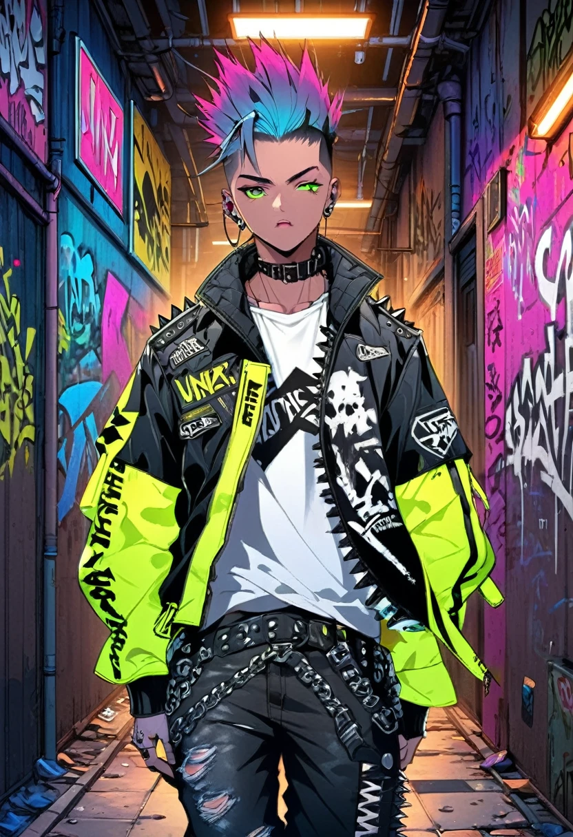A man with a metal punk style is walking down the streets in a dystopian world. The scene is set in a world dominated by metallic elements and punk aesthetics. The man's appearance is characterized by a rebellious and edgy fashion style, with an outfit consisting of leather jackets, ripped jeans, and heavy metal accessories along with military style boots. His hair is spiked and dyed in vibrant neon colors, showcasing his fierce personality.
The environment around him is heavily influenced by a post-apocalyptic setting, with dilapidated buildings and crumbling infrastructure. The streets are filled with graffiti and signs of rebellion, reflecting the punk subculture that permeates this world. Neon lights flicker in the dimly lit alleyways, casting an eerie glow and creating an atmosphere of tension and uncertainty.
The man's movements are confident and purposeful as he navigates through the abandoned streets. His eyes are piercing and filled with determination, while his lips are sealed with an expression of defiance. The attention to detail in depicting his eyes and facial features is paramount to capture the essence of his rebellious nature.
The overall image quality is of the highest standard, with a focus on ultra-detailed rendering and vivid colors. Each design element, from the textured leather of his jacket to the intricate patterns in the graffiti, is meticulously crafted to create a photorealistic masterpiece. The lighting technique enhances the dramatic atmosphere, with shadows and neon reflections adding depth to the scene.
In terms of art style, the prompt emphasizes the fusion of punk aesthetics with a dystopian world, resulting in a unique blend of urban grit and metallic elements. This combination creates a visually striking and thought-provoking image.
The color palette is dominated by dark hues, with accents of vibrant neon colors to create a contrast and enhance the futuristic atmosphere. The lighting technique further emphasizes this contrast
