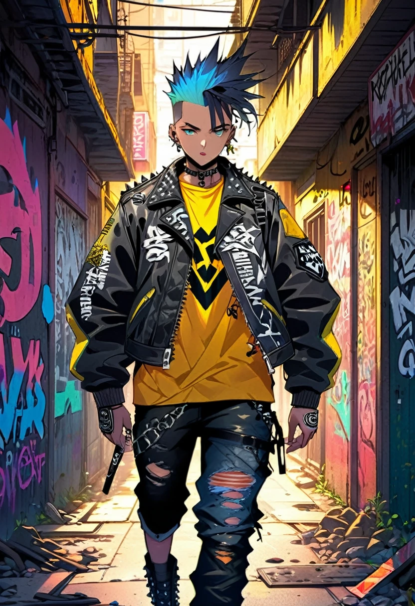A man with a metal punk style is walking down the streets in a dystopian world. The scene is set in a world dominated by metallic elements and punk aesthetics. The man's appearance is characterized by a rebellious and edgy fashion style, with an outfit consisting of leather jackets, ripped jeans, and heavy metal accessories along with military style boots. His hair is spiked and dyed in vibrant neon colors, showcasing his fierce personality.
The environment around him is heavily influenced by a post-apocalyptic setting, with dilapidated buildings and crumbling infrastructure. The streets are filled with graffiti and signs of rebellion, reflecting the punk subculture that permeates this world. Neon lights flicker in the dimly lit alleyways, casting an eerie glow and creating an atmosphere of tension and uncertainty.
The man's movements are confident and purposeful as he navigates through the abandoned streets. His eyes are piercing and filled with determination, while his lips are sealed with an expression of defiance. The attention to detail in depicting his eyes and facial features is paramount to capture the essence of his rebellious nature.
The overall image quality is of the highest standard, with a focus on ultra-detailed rendering and vivid colors. Each design element, from the textured leather of his jacket to the intricate patterns in the graffiti, is meticulously crafted to create a photorealistic masterpiece. The lighting technique enhances the dramatic atmosphere, with shadows and neon reflections adding depth to the scene.
In terms of art style, the prompt emphasizes the fusion of punk aesthetics with a dystopian world, resulting in a unique blend of urban grit and metallic elements. This combination creates a visually striking and thought-provoking image.
The color palette is dominated by dark hues, with accents of vibrant neon colors to create a contrast and enhance the futuristic atmosphere. The lighting technique further emphasizes this contrast