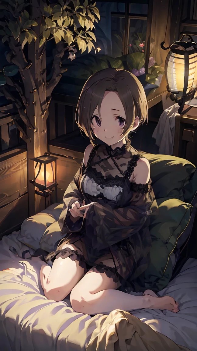 masterpiece, Highest quality, High resolution, Very detailed,(((Koume Shirasaka))), (((Black Lingerie)))、(((futon)))、(((smile)))、(((Lantern)))、(((Beautiful Eyes)))