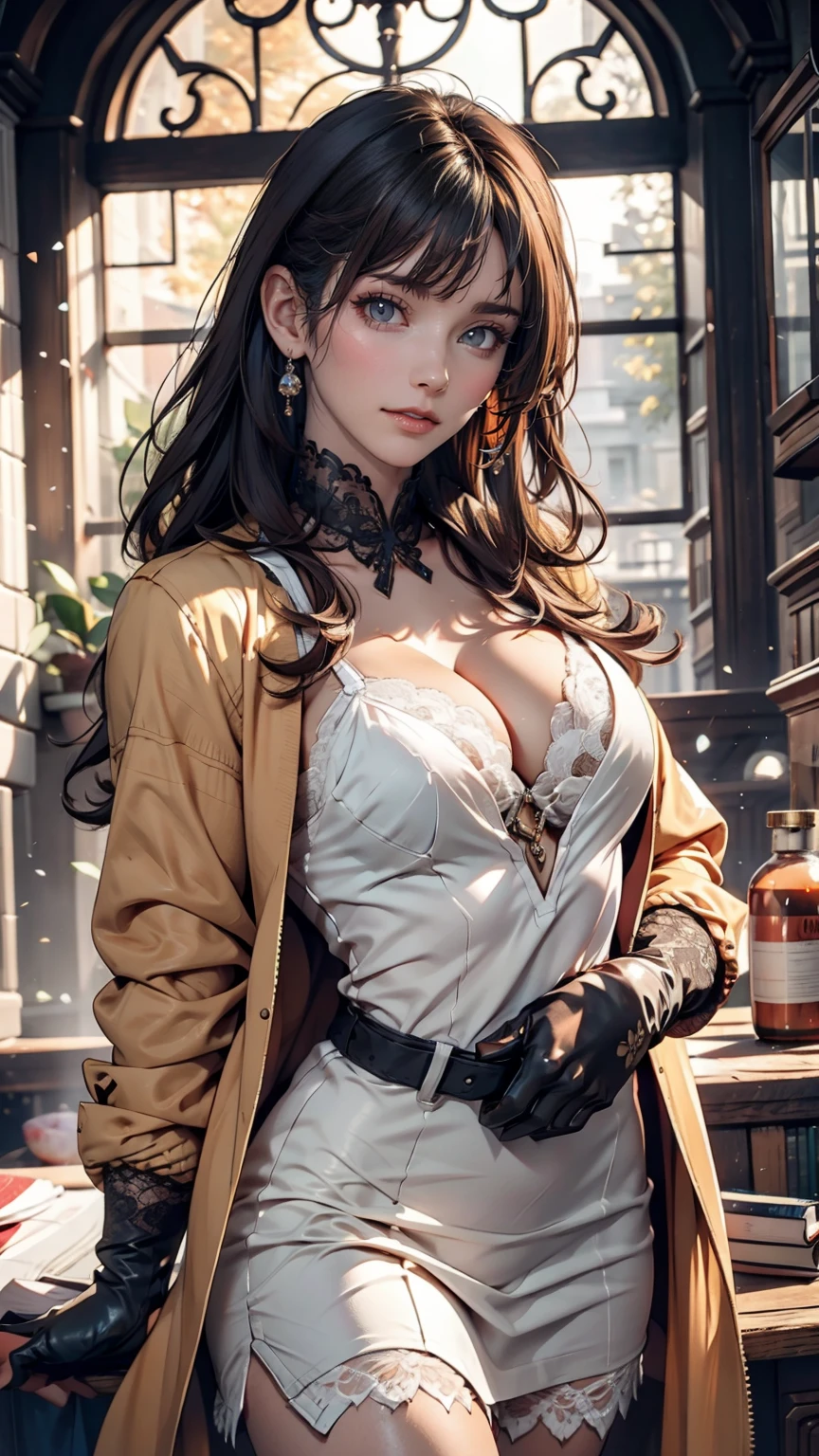 c.c., Expressionless, , (masterpiece, Highest quality, Super detailed, Best Shadow, Volumetric lighting), (Beautifully detailed face, Beautiful attention to detail), (Best lighting),, Orange eyes, Very long hair, (White straitjacket:1.4), Black belt, , (Cowboy Shot:1.3), intense angle,, mksks style, Beautiful background, Professional Lighting, Warm coloured landscape,24 year old Caucasian female、Sexy proportions、Narrow waist、Long eyelashes、Full make-up、White Summer Dress、Lace gloves、Lace Cardigan
