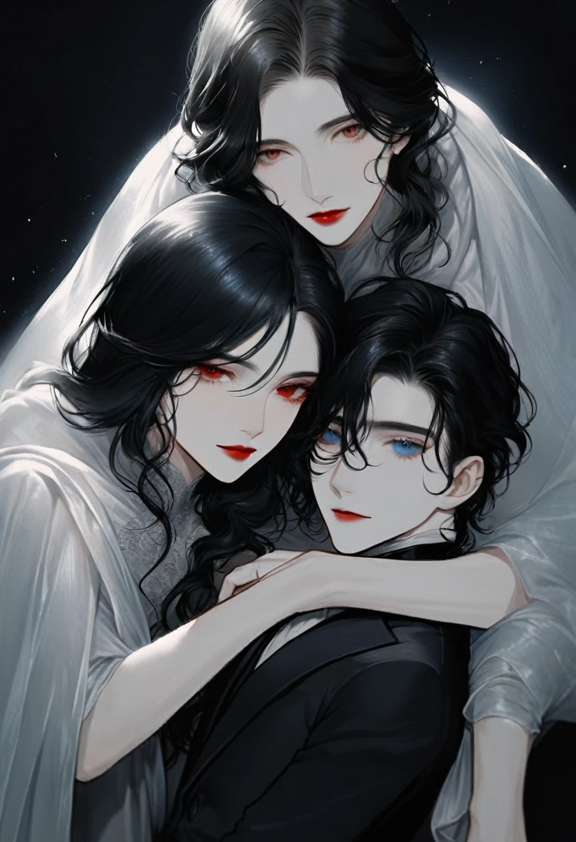 woman，Pure black hair，Draped over the shoulders，Wearing a white shirt，Black vest and dark trousers，Deep and delicate facial features，Thin face，The eyes are light blue，The nose is just right，Red lips are not thin，Bright and elegant appearance，There is a strange sense of sharpness，Very cold temperament，There is no smile on his face