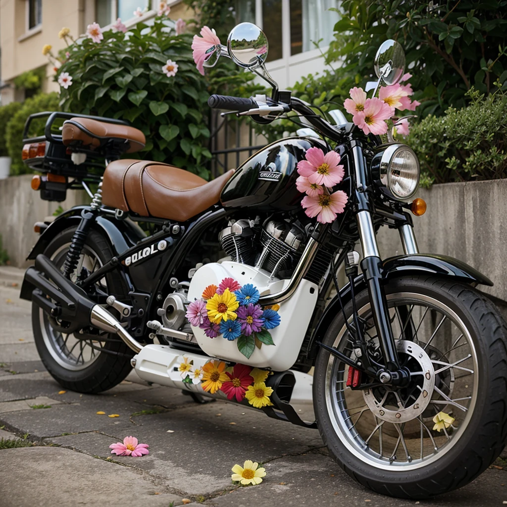 A lot of many color flower on a mini bike, with a mini coffee bike