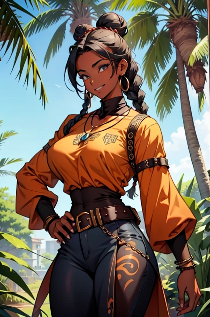 Create a high-fantasy character portrait of Aisha Diallo, a clever member of the Relic Hunters, wielding the Necklace of Anansi. She has an oval and expressive face with soft, well-defined features and dark brown skin. Her expression is lively and friendly, often lit by a mischievous smile. Her large dark brown eyes shine with intelligence and curiosity, reflecting her astuteness and liveliness. Her curly black hair is usually styled in a practical but elegant manner, like braids or a high bun adorned with colorful beads. Aisha stands about 1.70 meters tall with an athletic and thick build(slightly muscular and big breasts), exuding confidence and energy. She wears practical yet stylish clothing inspired by African patterns, including a light brown leather jacket over a colorful blouse with tribal prints, fitted pants, and sturdy boots. Her outfit is designed for ease of movement and speed. She wears the Necklace of Anansi, adorned with gems and spider-shaped pendants that shine with their own light. She also has bead bracelets, a belt with small pouches for tools, and a silver ring shaped like a spider web. She is surrounded by an ethereal and mystical aura, sometimes manifesting as a light golden mist or threads of light forming web patterns around her, emitting a sense of wit and mystery, reflecting her connection with Anansi and her mastery over the web of life.