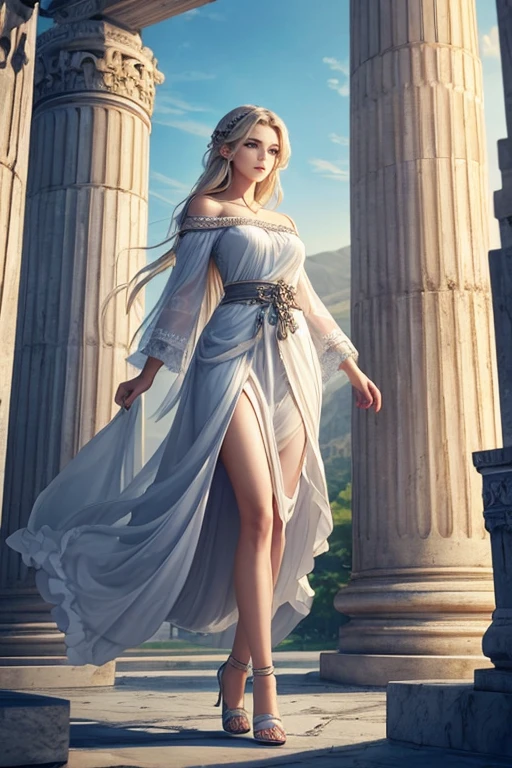(Highest quality,High resolution,masterpiece,8K),Bright and vibrant colors,Official artwork,whole body,Standing posture,above the knee shot,Stylish makeup,Silver blonde medium-long hair fluttering in the wind、Captivating eyes,Glossy Lips,Off the shoulder、White lace dress,Cute girl with ample breasts,Beautiful neckline, Holding,Captivating smile,Solemn atmosphere,Greek mythology ancient majestic temple、Digital Art,Detailed CG,