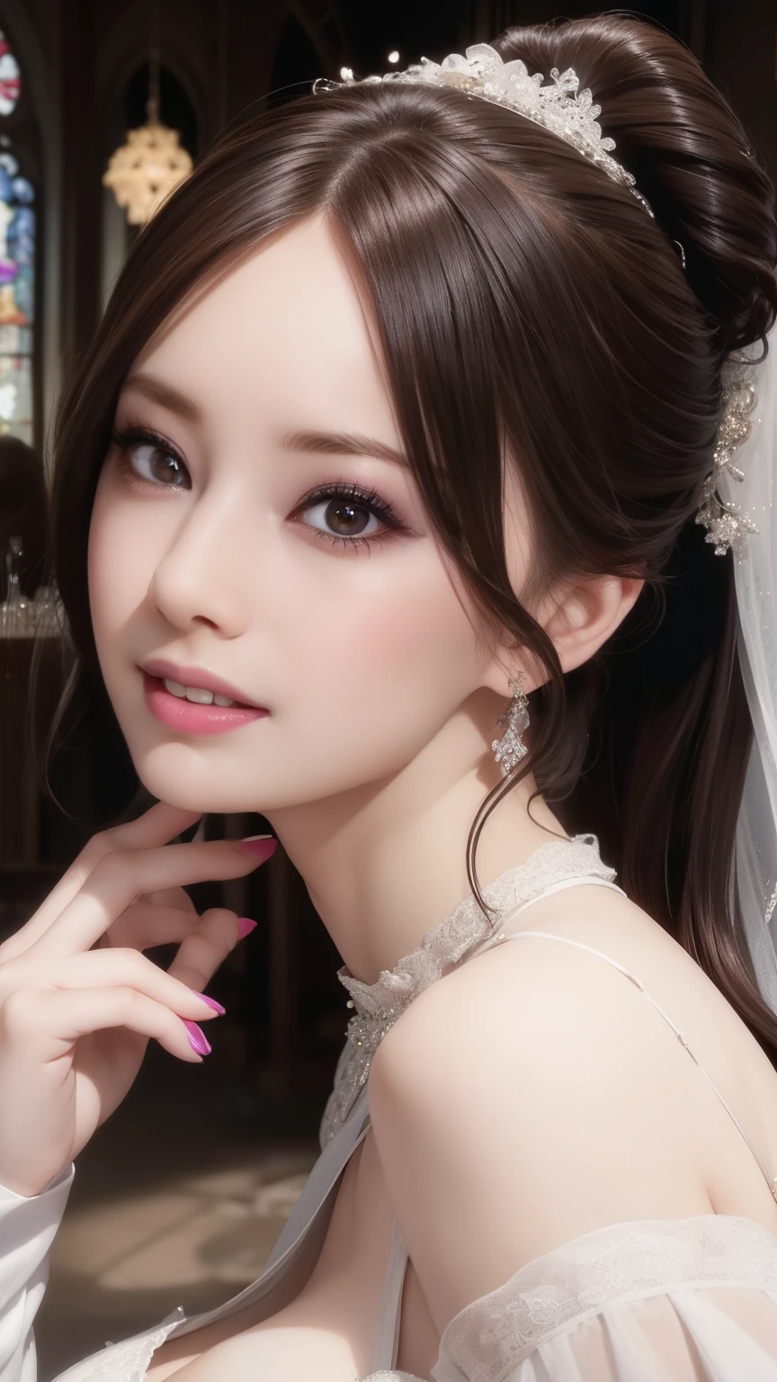Tabletop、Great light、Beautiful lighting、Heavy eye makeup、Dark eyeliner、((ponytail))、White skin、Revealing clothing、Large Breasts、Huge breasts、Dresses that show cleavage、Off the shoulder、Wedding dress、Detailed embroidery、lace wedding veil、Gorgeous Accessories、church、Brightly colored stained glass、smile、かわいいsmile