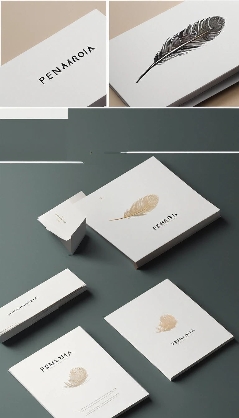 A minimal, modern, simple, cinematic logotype for the brand “Penamemoria". The logotype must be a simple, magical feather. The logo must convey a sense of music, stories and dreams. Logo design impressed on a book cover. Minimalistic logo